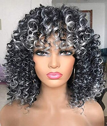 PRETTIEST Afro Curly Wigs with Bangs for Black Women Kinky Curly Wig for Daily Wear (Ombre Grey)