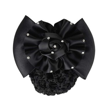 Women's Rhinestone Satin Bow Hair Accessory - Barrette, Bowknot Snood, and Net Hair Clip for Hotel, Airline, and Medical Professionals (Black)