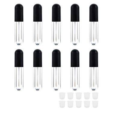 10 Pieces Round Lip Gloss Tubes with Wand, 4.5ml Mini Lip Gloss Containers Empty, Lipgloss Wand Tubes with Rubber Stoppers for Women Cosmetics DIY (Black)
