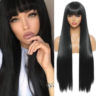 Wig with Bangs Long Black Wigs for Women 30 Inch Synthetic Straight Hair, Cosplay Costume Party Daily Wear