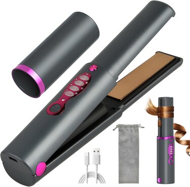 Portable Hair Straightener Cordless with Safety Lid，Fast Heating Flat Iron，Cordless Hair Straightener 2 in 1 for Straightening and Curling, 5000mAh Battery Operated Curling Iron for Travel