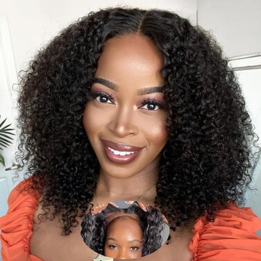 Glueless Wigs Human Hair Pre Plucked Pre Cut Kinky Curly Short Wear and Go Glueless Bob Wigs For Black Women Wet and Wavy Swiss Hd Transparent Lace Closure Wig 5x5 180% Density Middle Part (1B#16inch)