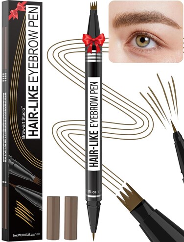 Microblading Eyebrow Pen - Eyebrow Pencil Magical 2-in-1 Dual-Ended Waterproof Eye Brow Pencils for Women with 4-Fork-Tip &amp; Precise Brush-Tip for Natural Hair Like Strokes, Last All-Day, Brown