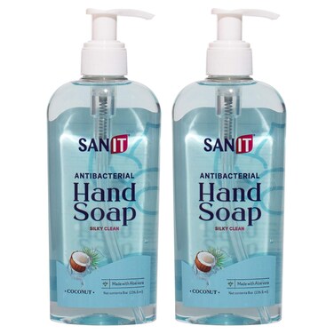 Sanit Silky Clean Antibacterial Liquid Gel Aromatic Hand Soap - Advanced Formula with Coconut Oil and Aloe Vera - Natural Moisturizing Hand Wash - Made in USA, Coconut, 8 oz, 2 Pack