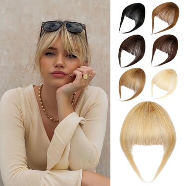 Bangs Hair Clip 100% Real Human Hair Clip in Bangs French Fake Bangs Hair Extensions Fringe with Temples Hairpieces Wispy Curved Bangs For Women Ash Blonde