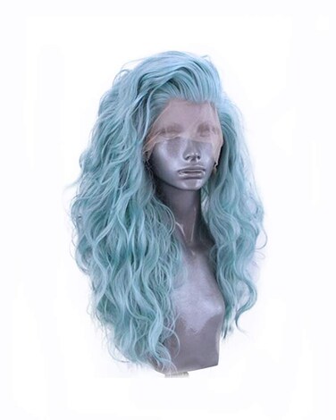 Side Part Pastel Blue Green Wigs Blend Color Synthetic Lace Front Wigs for Women Festival Cosplay Party Drag Queen Replacement Wear Long Water Curly Hair 22 Inches