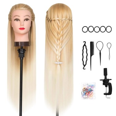 28" Mannequin Head Synthetic Hair Hairdresser Training Manikin Cosmetology Doll Head Blonde with DIY Braiding Set+ Free Table Clamp(27-613)