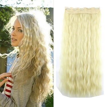 iLUU #613 Bleach Blonde Synthetic Hair Pieces 5 Clips in Corn Wave Hair Extensions 24" 110g Long Deep Wave/Curly/Wavy Heat Resistent Fiber Clip in Hair Extensions for Women