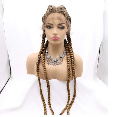 Sylvia 32 Inch Dark Golden Blonde shiny Four Box Braids Ombre Long Braids Wig With Baby Hair Synthetic Lace Front Wigs with Four Braids Heat Resistant Fiber Hair for Women