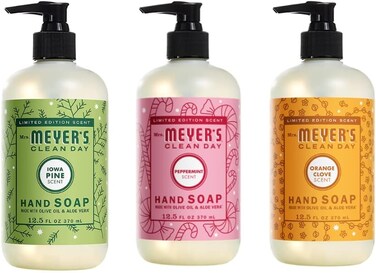 MRS. MEYER'S CLEAN DAY Holiday Hand Soap Bundle (Peppermint, Iowa Pine, and Orange Clove) 12.5 Ounces each