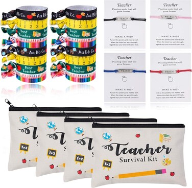 24pcs Teacher Appreciation Gifts 4 Makeup Pouch Cosmetic Bag and Teach Blessing Card Bracelets with Greeting 16 Hair Ties No Crease Ribbon Elastic Ponytail Holder