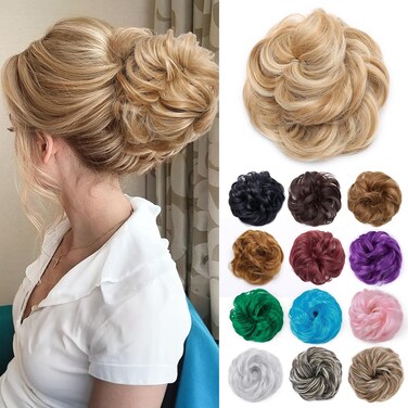 Benehair Hair Bun Hairpiece Scrunchy Updo Hair Pieces Fluffy Scrunchies Donut Hairpiece Synthetic Curly Wavy Messy Chignons With Elastic Rubber Band Golden Blonde &amp; Bleach Blonde-Thicker 2pcs 70g