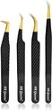 Lash Tweezers - Stainless Steel Fiber Tip Eyelash Tweezers (Set of 4) - Diamond Grip Professional Lash Tweezers for Eyelash Extensions (Black)