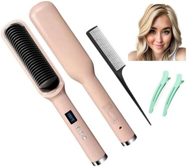 Hair Straightener Brush for Women - Straightening Comb to Tame Frizzy Hair - Negative Ions - Anion Technology &amp; Heated Brush for Thick Hair - 2 in 1 Ionic Flat Iron &amp; Curler