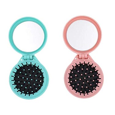 2 Pcs Round Travel Hair Brush Mini Hair Comb with Make up Mirror Portable Folding Hair Brush for Travel(Pink,Blue)
