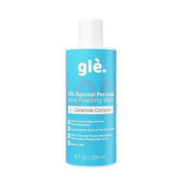 Gle Clean Acne Foaming Wash Face, Skin, Back and Body - 6.7 Fl Oz - Dermatologist-Tested Non-Foaming Cleanser - Vegan, Cruelty-Free, 10% Benzoyl Peroxide