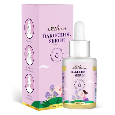 Satthwa Organic Bakuchiol Face Serum - Plumping, Anti-Aging and Reduces Wrinkles Fine Lines - Serum with Vitamin C, Ashwagandha Root Extract - Vegan &amp; Cruelty Free- 1 FL OZ
