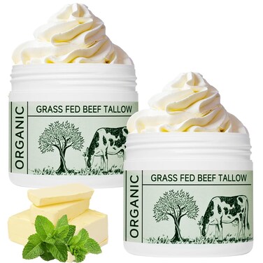 Beef Tallow, Beef Tallow for Skin, Tallow Face Moisturizer, Unscented 100% Organic Beef Tallow Blam Grass Fed Whipped Tallow Face Cream Moisturizer Body Lotion Skin Care, 2 packs