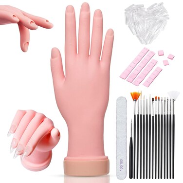 Practice Hand for Acrylic Nails, Mannequin Hand for Nails Practice, Flexible Bendable False Fake Nail Hand with 100Pcs Nail Tips and Nail Art Tools, DIY Nails Display Manicure Hand Tools Supply