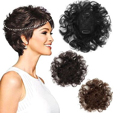 Maery ICRAB 7x10cm Small Area Short Curly Human Hair Topper Fluffy Curly Weavy Hair Topper Clip in Top Hairpieces Replacement Wiglets for Women Natural Black