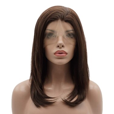 Lushy Hair Synthetic Lace Front Wig Short 14in Straight Two Tone Dark Brown Mix Wig Heat Friendly Heavy Density Realistic Wigs