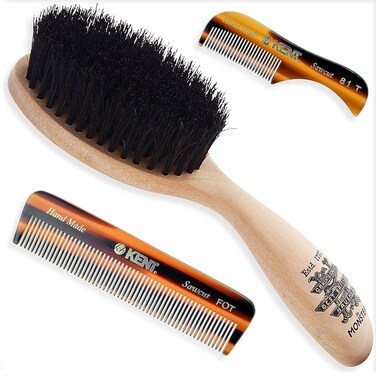 Beard &amp; Mustache Grooming Kit - Kent BRD5 Boar Bristle Brush + Kent 81T &amp; A FOT Sawcut Fine Tooth Combs for Men's Care