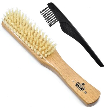 Kent Narrow Beechwood Finest Pure White Natural Bristle Hair Brush - for Medium to Thick Hair for All Hair Lengths (LG3 + Hairbrush Cleaner)