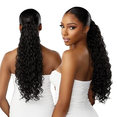 Sensationnel Lulu pony wrap hairextensions- 3 high heat synthetic yaki pony tail or up do hair wig piece (1B OFFBLACK)