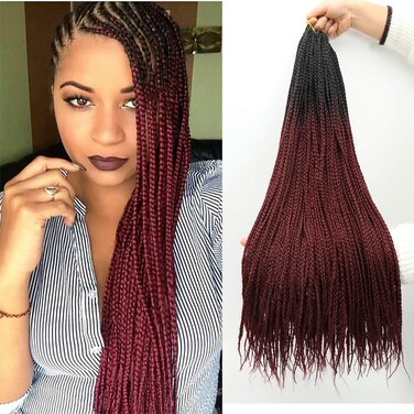 Ombre Box Braids Crochet Hair 24 Inch Medium box braid Pre-Looped Crotchet Box Braids 3X Box Braid Kanekalon Synthetic Hair Extension (24 Inch,Black-Wine)