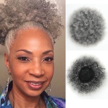 THEMIS HAIR Afro Puff Drawstring Ponytail For Black Women High Puff Drawstring Short Bun For Natural Hair, Afro Kinky Curly Ponytail Hairpieces With Clip In Color Smoky Gray