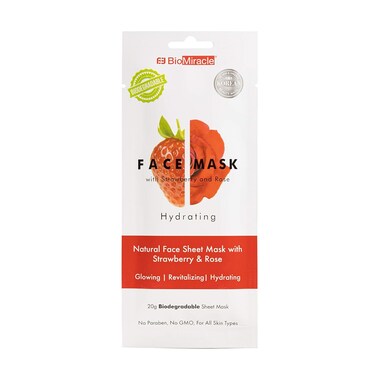 BioMiracle Hydrating, Natural Face Mask Sheet, with Strawberry and Rose, for Glowing, Revitalized, Moisturized Skin, Spa Treatment Mask (Pack of 5)