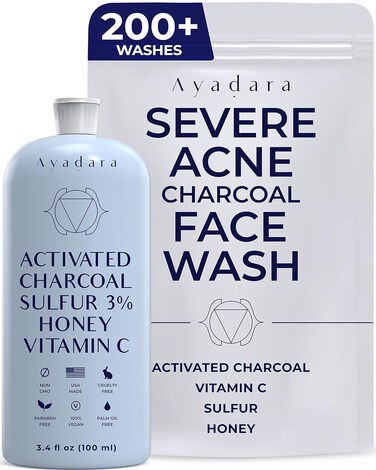 Severe Acne Charcoal Face Wash, 3.4 oz, Daily Face Wash with Sulfur and Honey, Charcoal Face Cleanser, Mens Face Wash for Acne, Deep Cleansing Charcoal Face Wash for Women and Men, 200 Uses