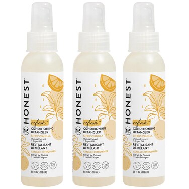 The Honest Company Conditioning Hair Detangler 3-Pack   Leave-in Conditioner + Fortifying Spray   Tear-free, Cruelty-Free, Hypoallergenic   Citrus Vanilla Refresh, 4 fl oz each (pack of 3)