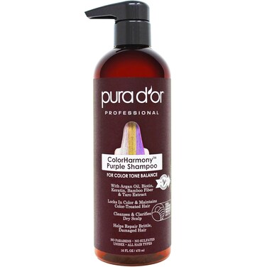 PURA D'OR 16 Oz ColorHarmony Purple Shampoo For Bleached, Blonde, Silver &amp; Color Treated Hair - Keratin, Bamboo Fiber, No Sulfates, Select Natural Ingredients - Men &amp; Women