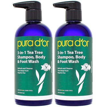 PURA D'OR 3-in-1 Tea Tree Shampoo, Body &amp; Foot Wash, Shampoo (16oz x2 = 32oz) Total Body Care - Foot Odor &amp; Daily Hygiene, Cleansing Routine, Post-Workout Refreshment - Soothes, Invigorates, Nourishes