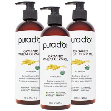 PURA D'OR ORGANIC Wheat Germ Oil (16 Oz x3 = 48 Oz) 100% Pure &amp; Natural USDA Certified Cold Pressed Carrier Oil - Vitamin E Rich, Moisturizing &amp; Nourishing Anti-Aging Properties - Healthy Hair Growth