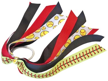 HipGirl Softball Scrunchies, 2pc 7" Hair Ties with Softball Ribbon Pony Holder Streamers, Softball Hair Accessories for Girls, Softball Gifts for Girls