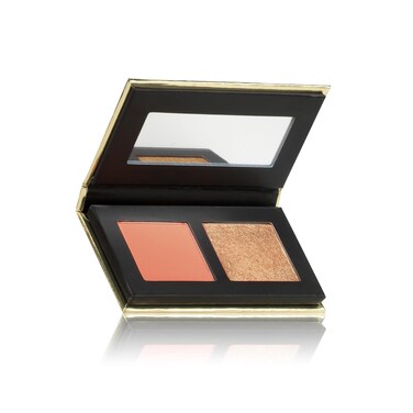 Kevyn Aucoin The Art of Blush &amp; Glow, PEACH: Sculpt &amp; define makeup compact DUO palette with warm, coral-toned matte blush (Dahlia) plus a glow of the highlighter (Golden Haze). Universally flattering