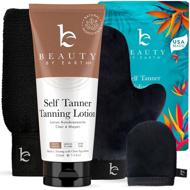 Self Tanner Bundle - Self Tanning Lotion with Self Tanner Mitt, Exfoliating Glove and Face Lotion Applicator for a Streak Free Natural Glow and a Bronze Self Tan - Self Tanning Mitt Provides Even Tan
