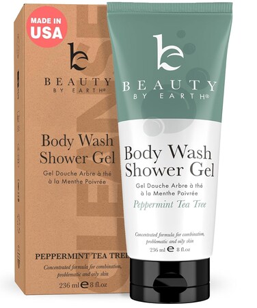 Beauty by Earth Peppermint Tea Tree Oil Shower Gel Body Wash - Made in USA with Organic &amp; Natural Ingredients, Mens Body Soap Liquid, Moisturizing Cleansing Gel for Men &amp; Women, Non Toxic Body Wash
