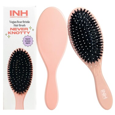 INH Boar Bristle Hair Brush   Smoothing Detangler Brush with Soft Vegan Mixed Bristles for Wet &amp; Dry Hair   Detangling Anti-Frizz Wood Paddle Brush for Wig, Extensions, Human &amp; Synthetic Hair   Peach