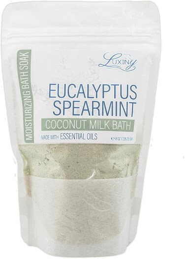 Vegan Milk Bath Soak Made with Moisturizing Coconut Milk Powder, Essential Oil, &amp; Sweet Almond Oil for a Bath Bomb Dust Soothing Fizz &amp; Relaxing Soak, 8 oz. (Eucalyptus Spearmint)