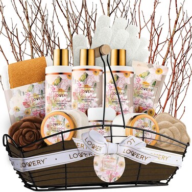 LOVERY Vanilla Coconut Bath &amp; Spa Gift Set, 13pc Spa Gift Basket, Gifts for Women &amp; Men, Bath Bomb, Body Lotion, Bubble Bath &amp; More