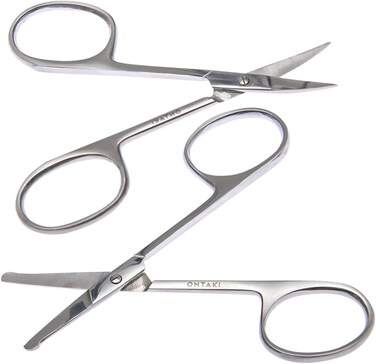 Ontaki Curved and Rounded Men's Facial Hair Scissors - Mustache, Nose Hair, Beard Trimming - Safe for Eyebrows, Eyelashes, and Ears - Stainless Steel (Silver) - Eyebrow Scissors