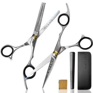 Ontaki 7&rdquo; Professional Hair Cutting &amp; Thinning Shears Kit - Japanese Steel Barber Scissors with Comb &amp; Pouch - Razor Edge for Men &amp; Women, Silver - Hair Scissors