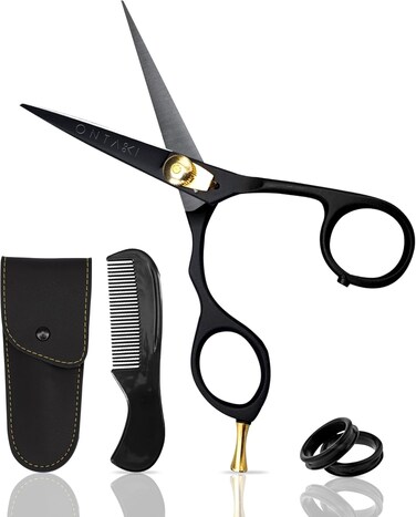 Ontaki 5.5&rdquo; Japanese Steel Mustache &amp; Beard Scissors for Men with Comb &amp; Carrying Pouch - Hand Forged Shears, Ergonomic Bent Handles Design - Facial Hair Cutting Scissors (Ergonomic Black, Left Hand)