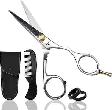 Ontaki 5.5&rdquo; Japanese Steel Mustache &amp; Beard Scissors for Men with Comb &amp; Carrying Pouch - Hand Forged Shears, Ergonomic Bent Handles Design, Facial Hair Cutting Scissors (Ergonomic Silver, Right Hand)