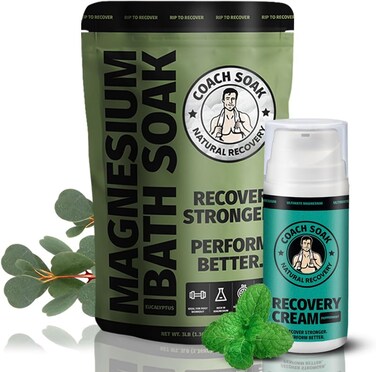 Coach Soak Recovery Bath Soak Eucalyptus Tea Tree and Magnesium Lotion with MSM Cooling Menthol Bundle
