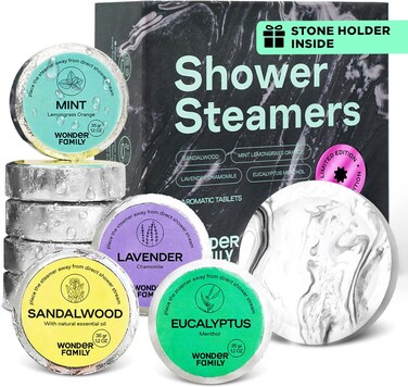 Shower Steamers for Sinus Relief &amp; Self Care - 8 Pack Vapor Shower Tablets - Lavender, Sandalwood, Mint &amp; Eucalyptus for Shower Steamers Aromatherapy Bulk - SPA Gifts for Women &amp; Men - With Stone Tray