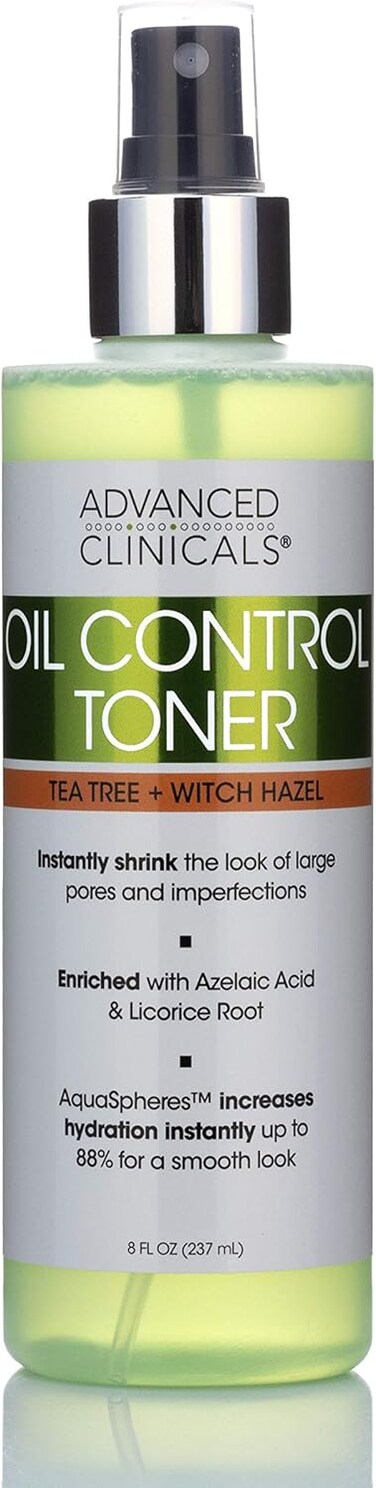 Advanced Clinicals Oil Control Purifying Facial Mist Toner. Hydrating, Non-Greasy Tea Tree Oil, Witch Hazel Toner W/Aloe Vera Face Mist Cleans Pores &amp; Clears Acne All Skin Types, 8 Fl Oz (Pack of 1)